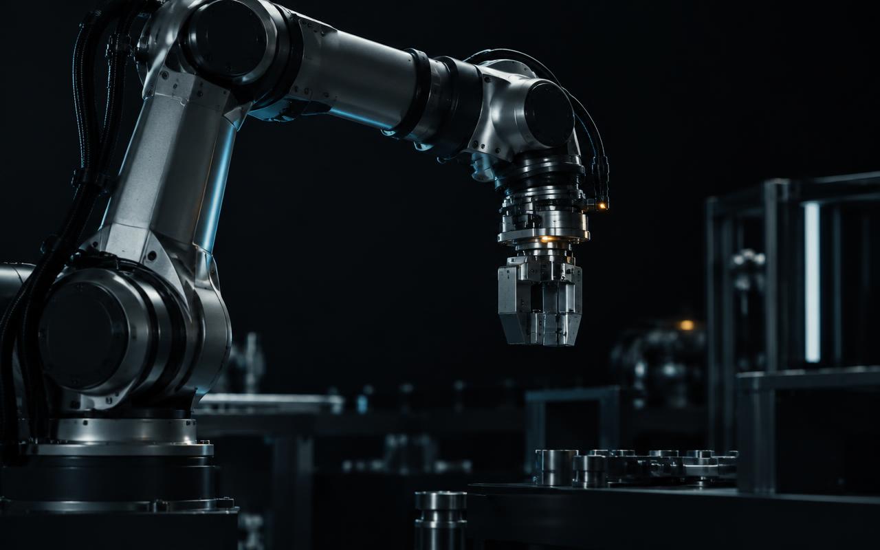 Precision robotic arm in a darkened automation facility