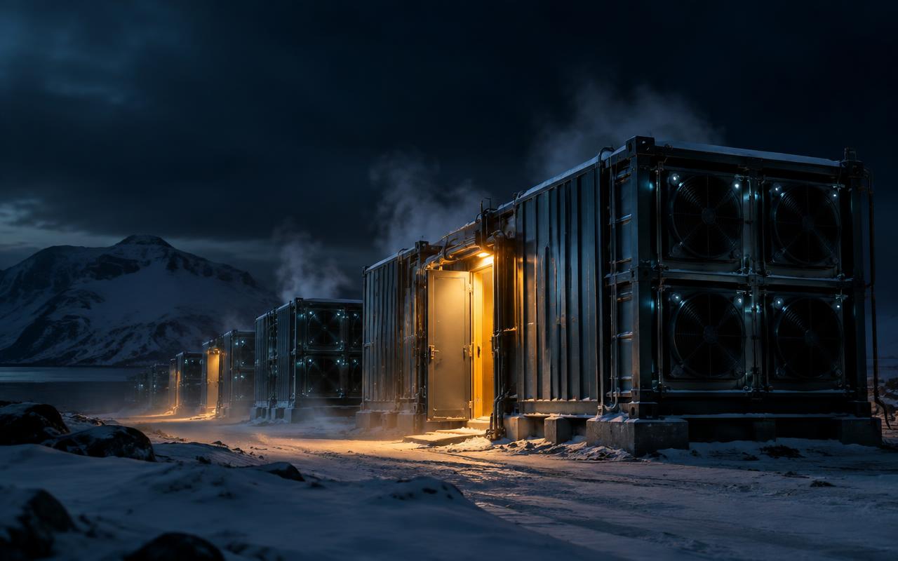 Containerised computing units in a northern landscape at dusk