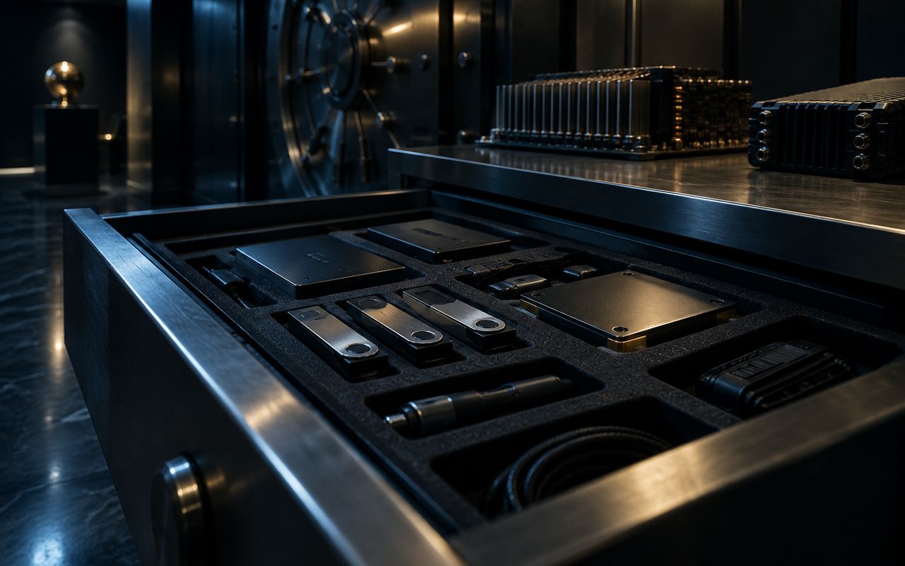 Bitcoin custody equipment beside mining and staking hardware