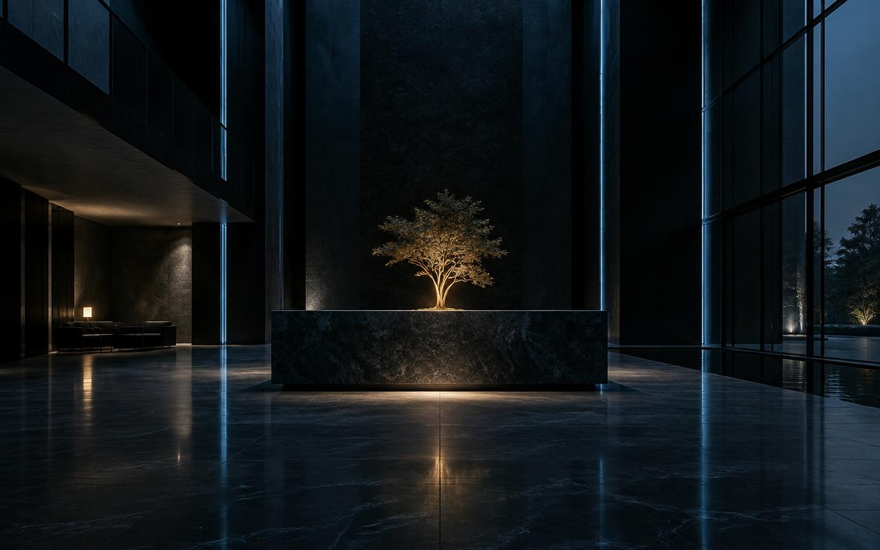 Minimalist dark corporate atrium with a stone plinth