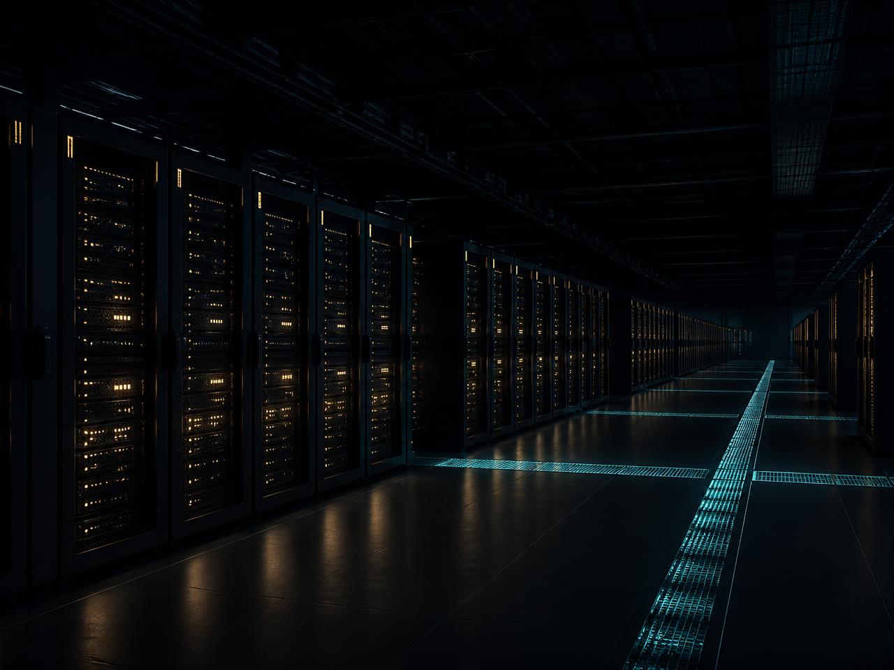 Rows of validator server racks in a darkened data centre hall