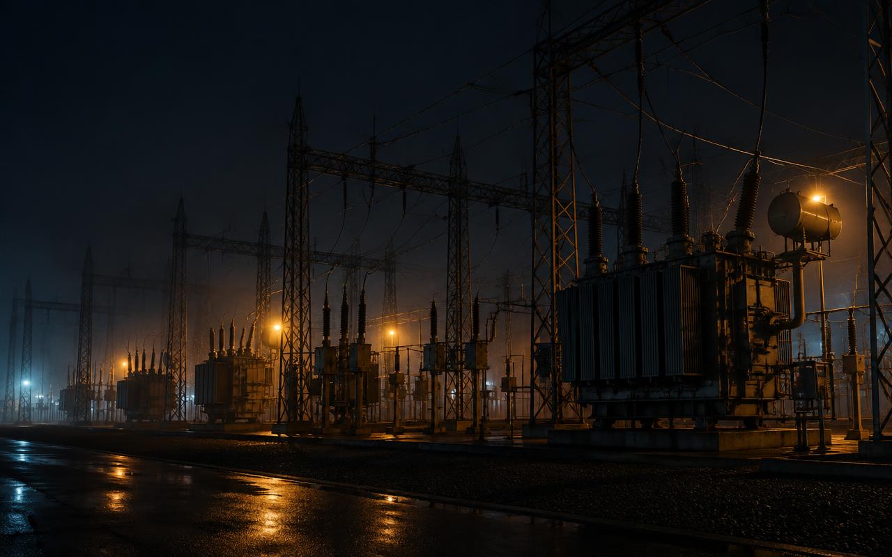 High-capacity electrical substation at predawn