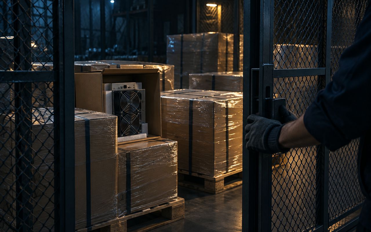 Newly arrived Antminers secured in storage before distribution