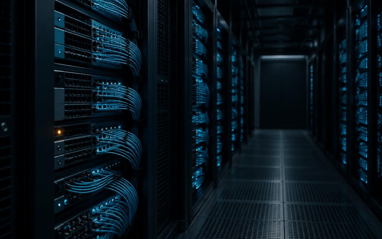 Dark data centre aisle with structured fibre interconnects