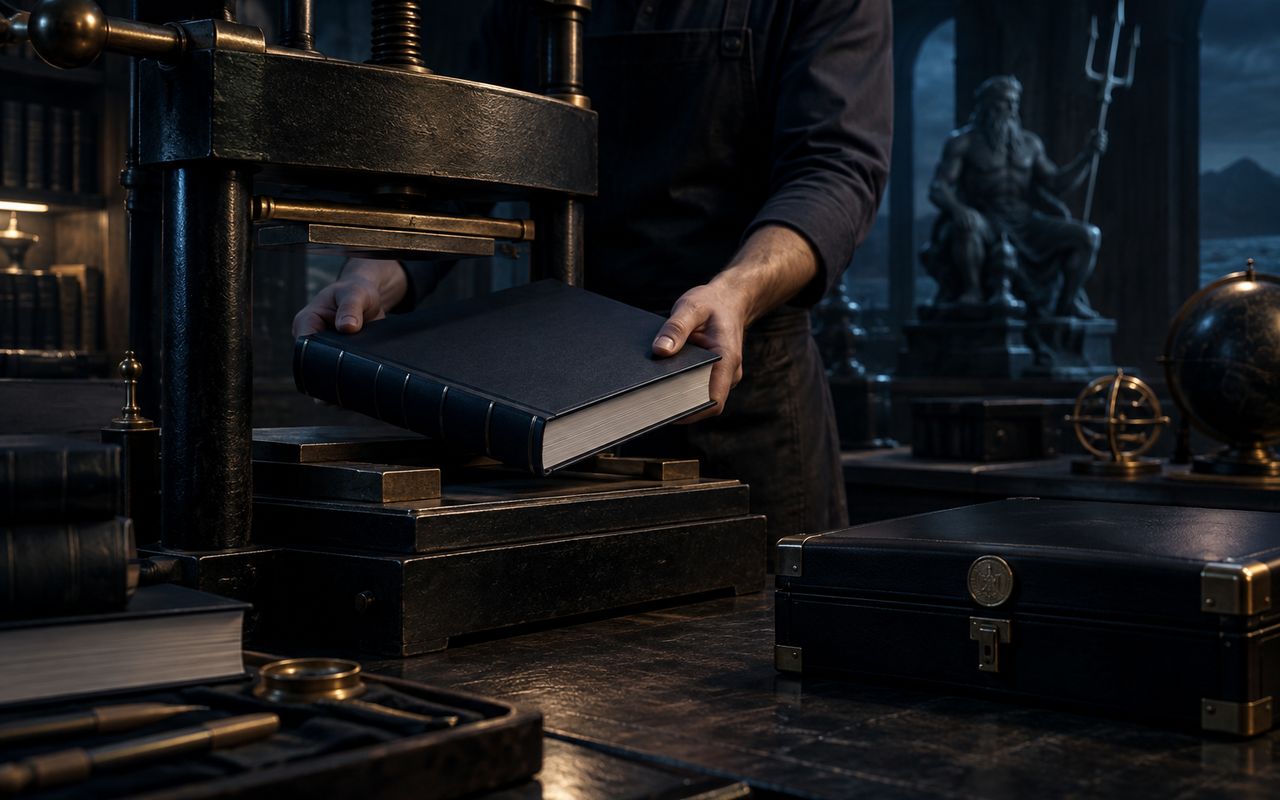 Unmarked quarterly report emerges from a manual binding press