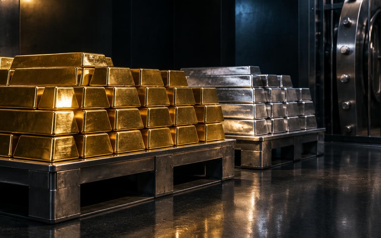 Gold and silver bullion stacked in an institutional vault