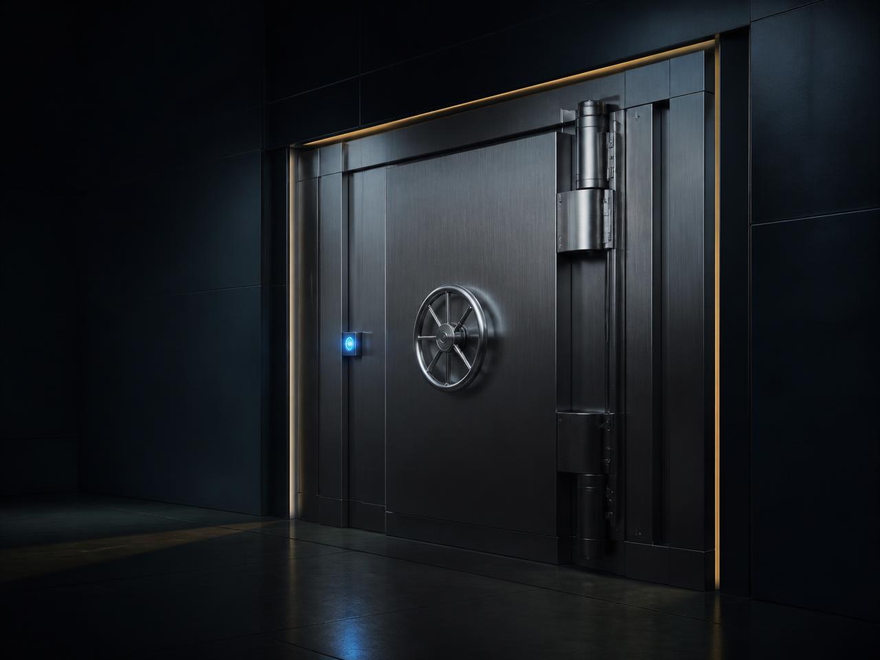 Institutional secure vault door in a dark navy facility
